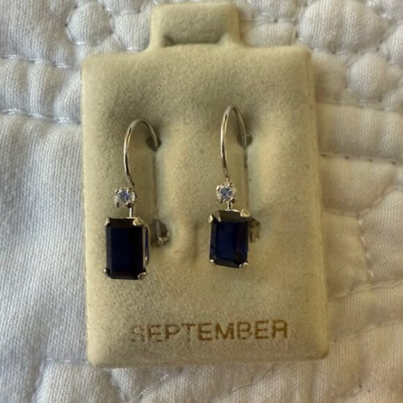 Vintage 10K Blue Sapphire and CZ Drop Dangle Earrings - Picture 1 of 2